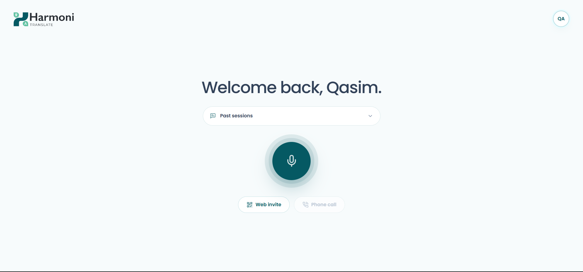 Harmoni desktop start screen with past sessions, microphone, and web invite controls