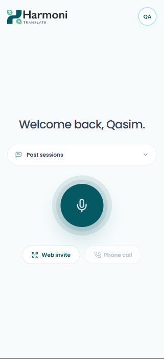 Harmoni mobile start screen with past sessions, microphone, and web invite controls