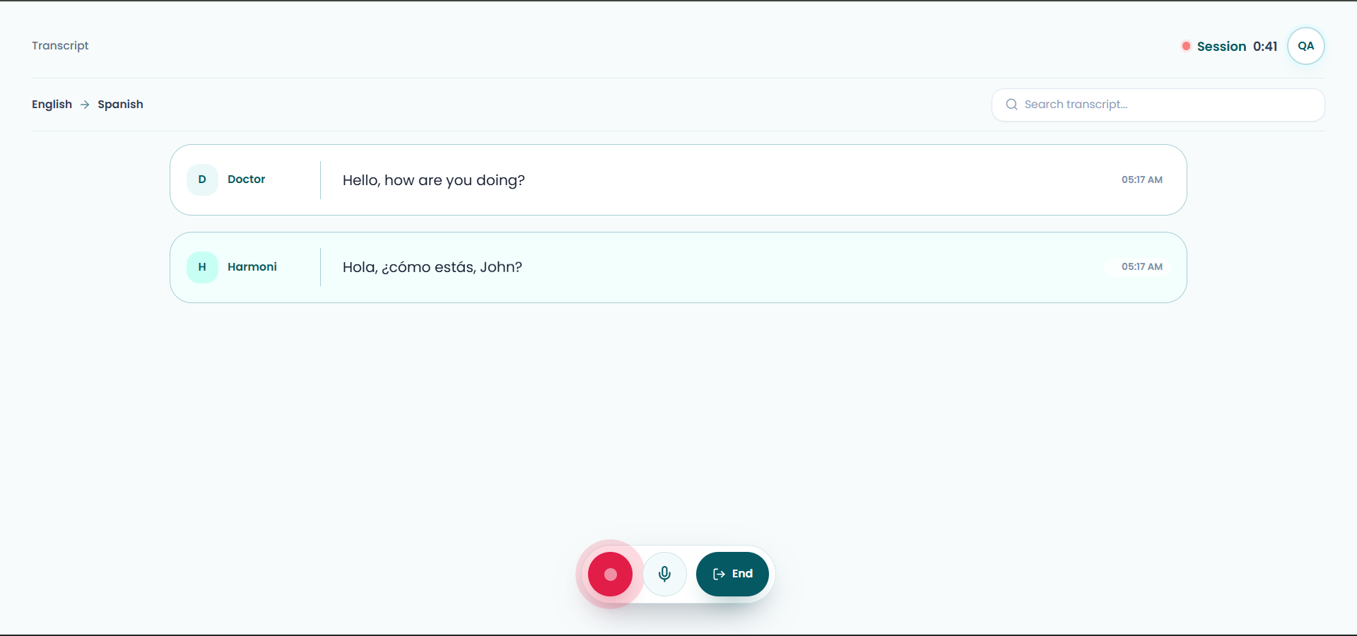 Harmoni desktop live transcript console with English to Spanish interpretation