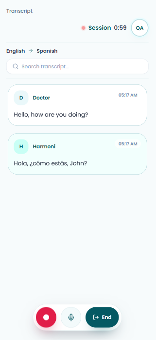 Harmoni mobile live transcript console with translated messages and session controls